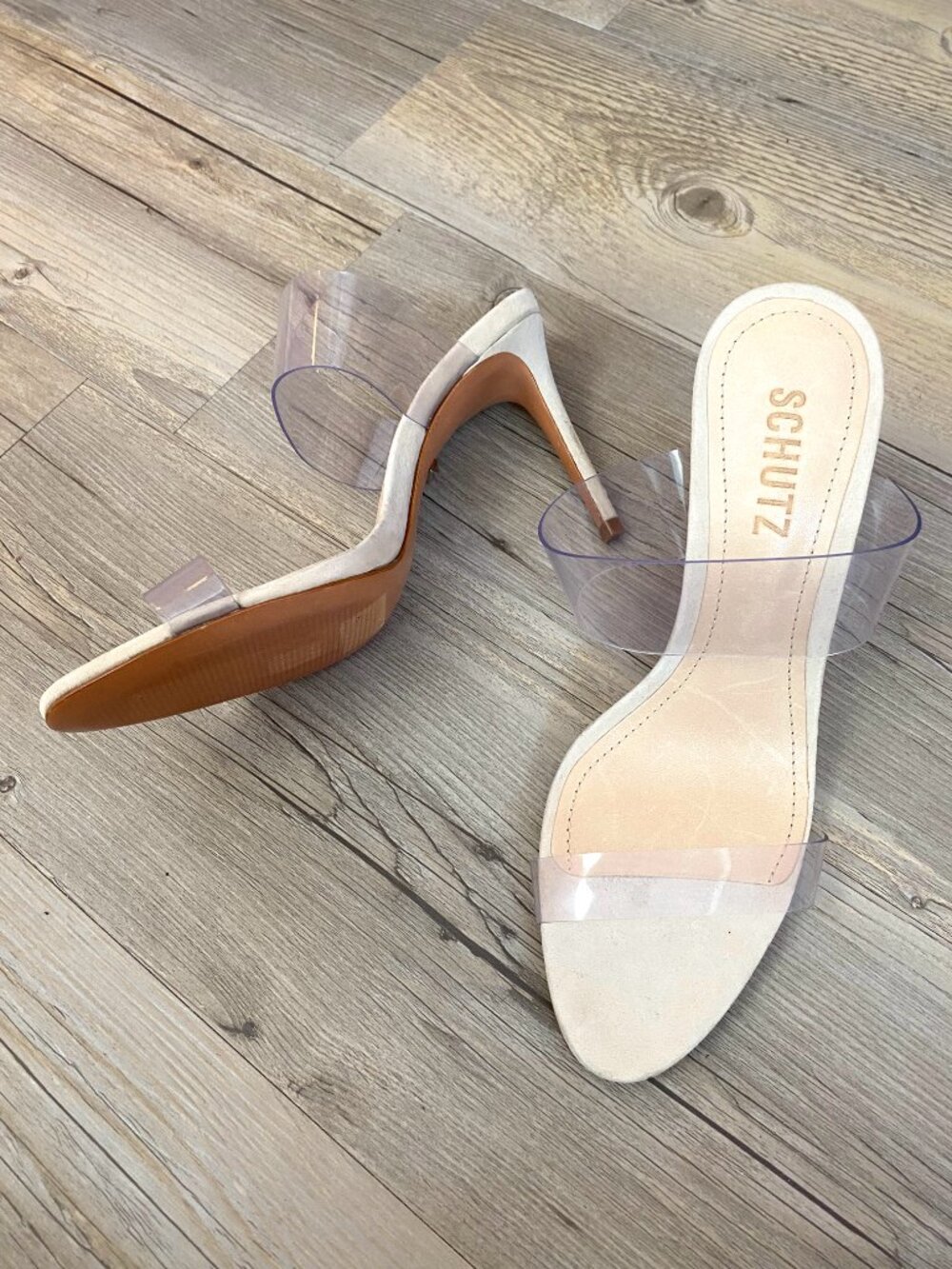 Schutz Tan Clear Strap Stiletto Heels Size 7.5
